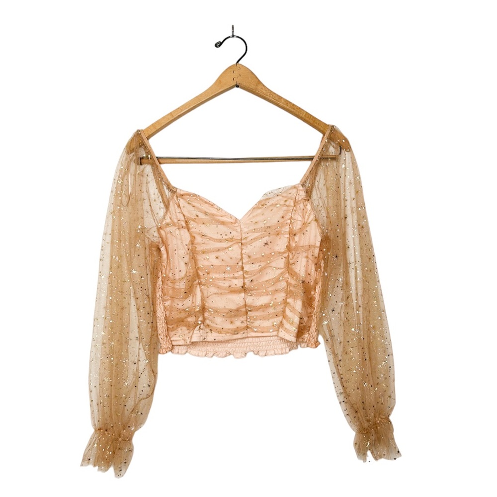 Peach Boutique Chiffon Glitter Star Puff Sleeve Crop Top XL